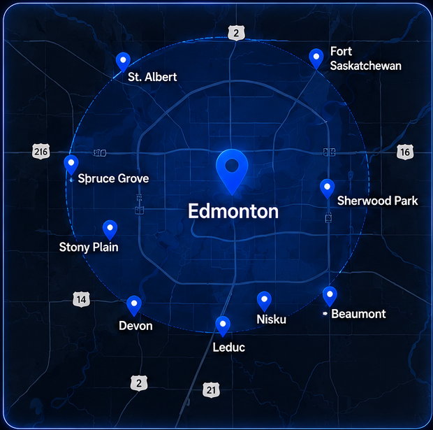 Bathtub refinishing service area map for Edmonton and surrounding communities